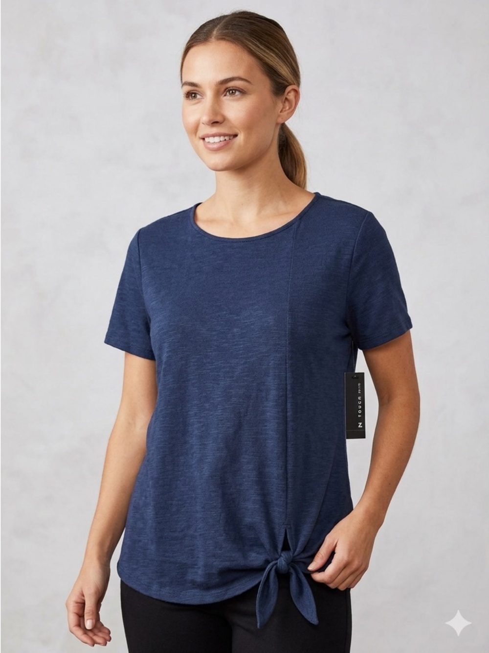 Navy Short Sleeve Knot Front Blouse